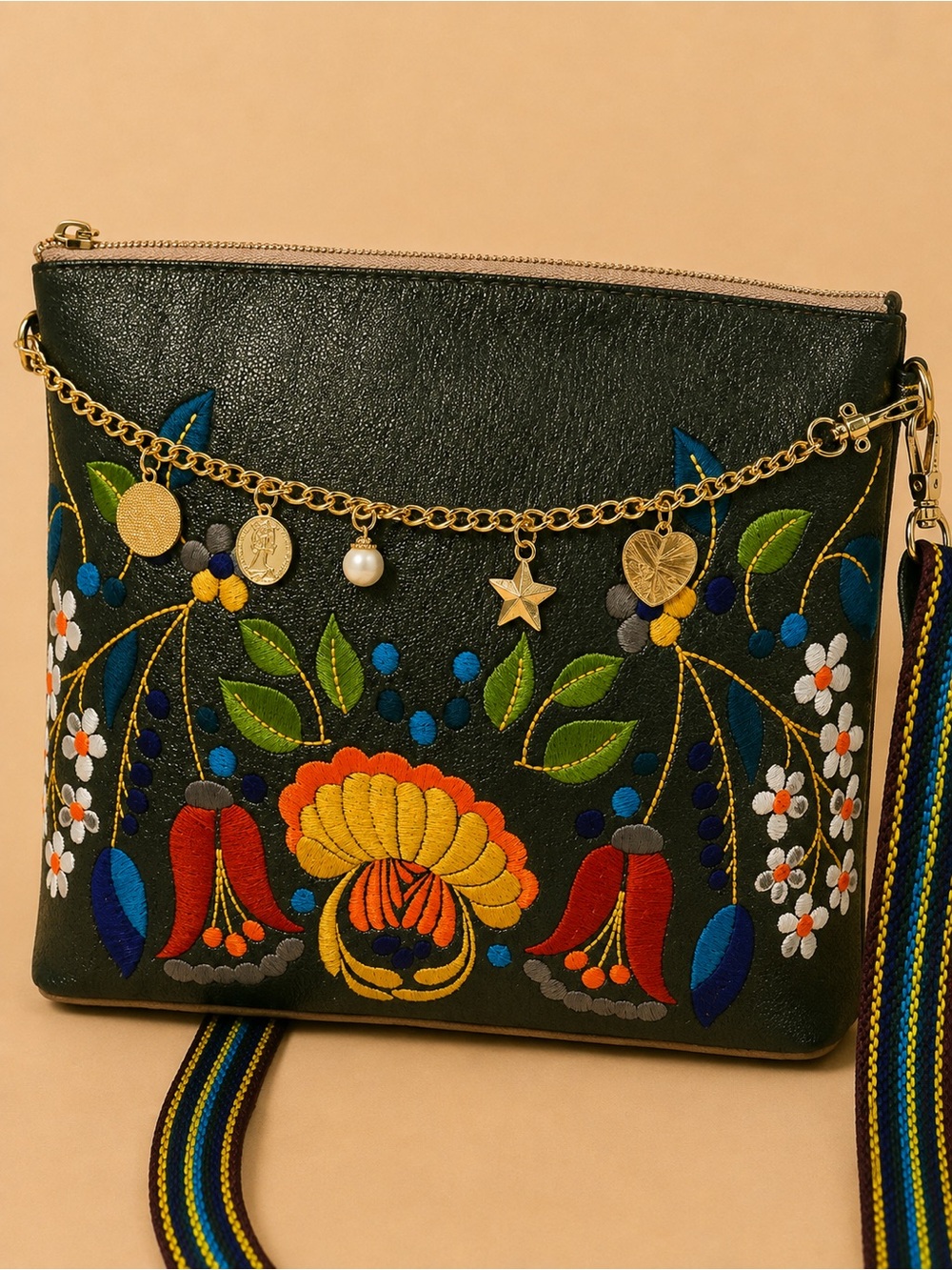 Embroidered Floral Green Consuela Bag with Charm Chain